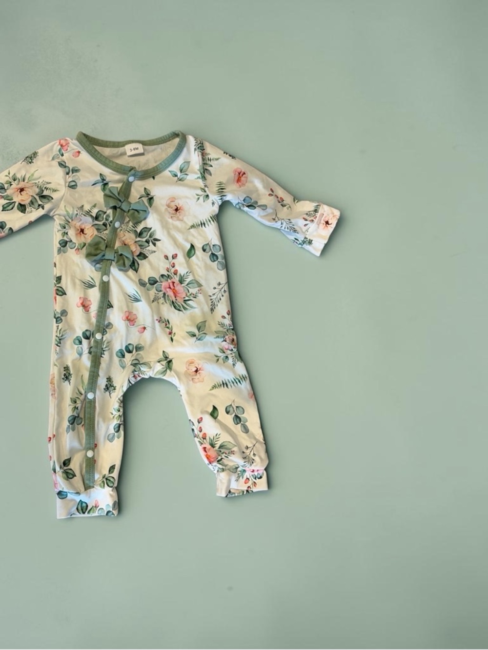 Floral Long-Sleeve Baby One-Piece Bodysuit in Cream and Green